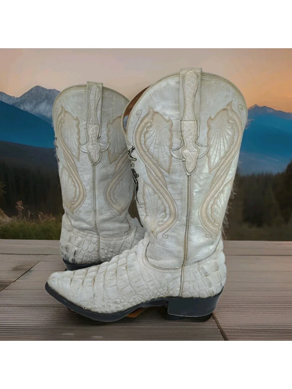 Exotic Caiman Hornback Crocodile Cowboy Boots IVORY BONE WHITE Western Mens 9.5